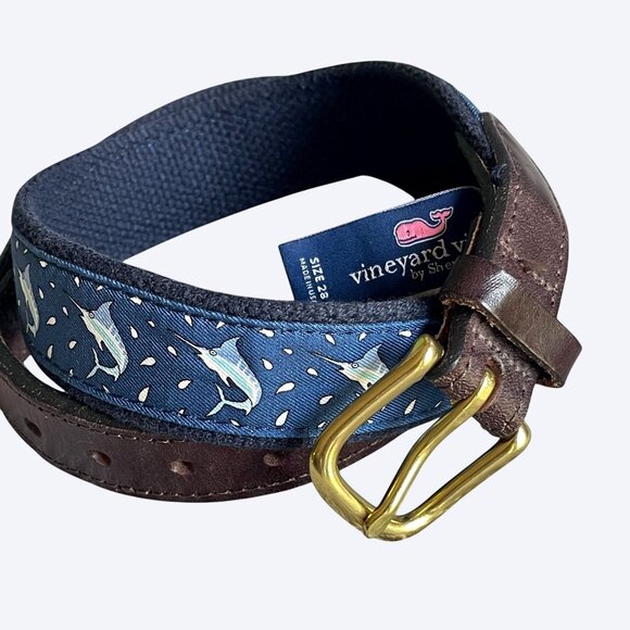 Vineyard Vines Other - Vineyard Vines Belt Sz 28 Marlin Swordfish Ribbon Print on Canvas Web Brass Blue